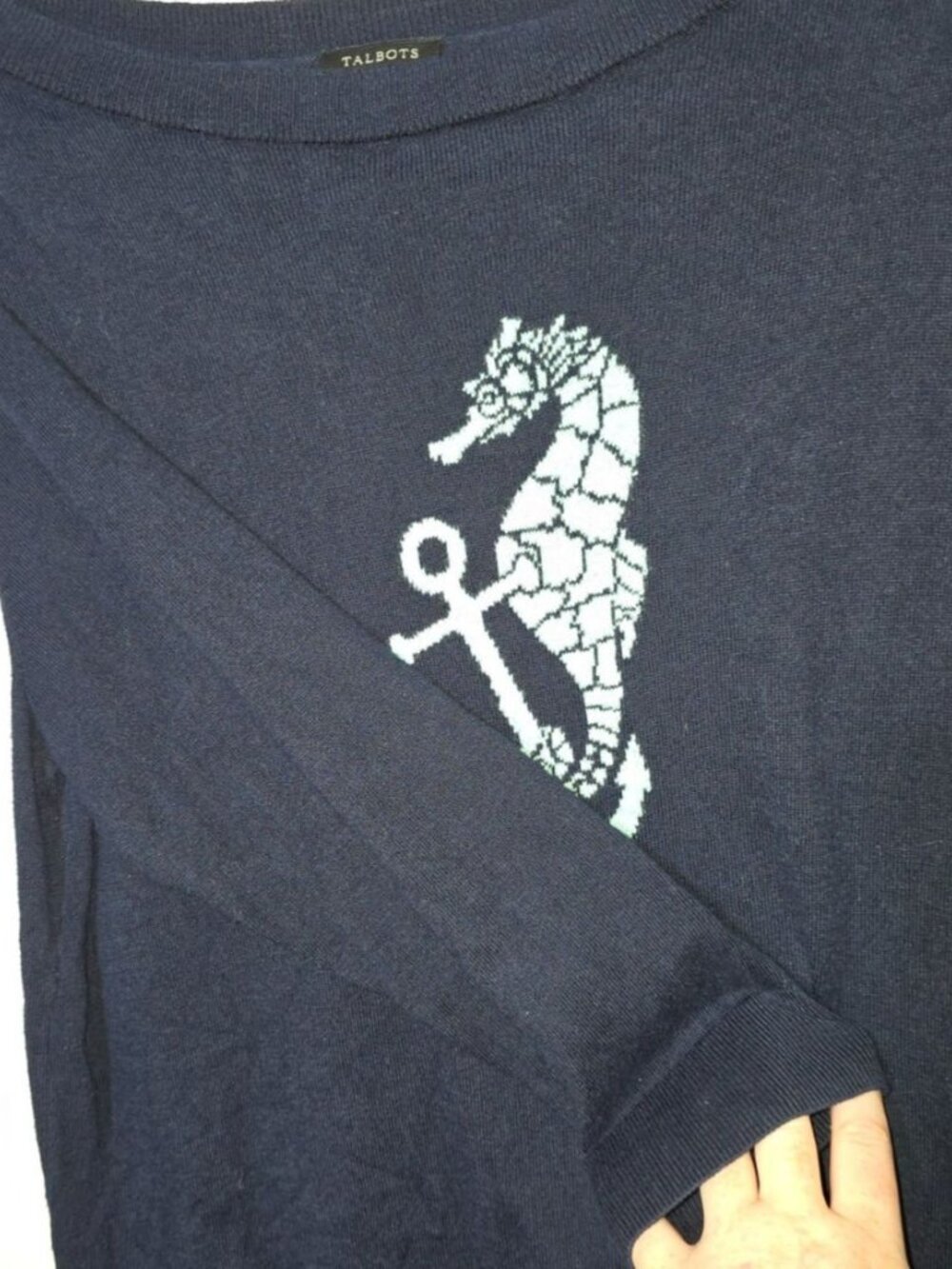 Talbots Sweater Large Blue Seahorse Nautical 3/4 Sleeve Beach Pullover Stretch - Picture 7 of 9